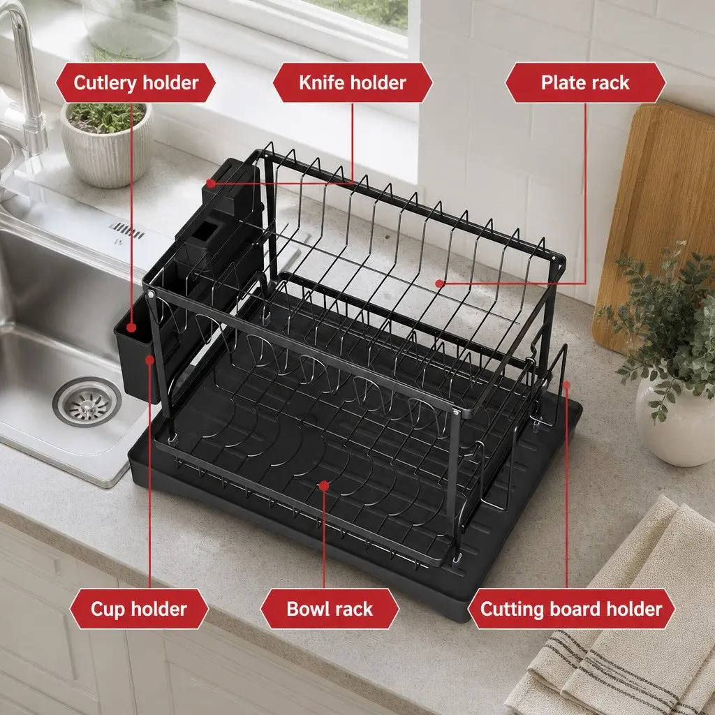 Dish Rack 2 Tier Expandable Drying Drainer with Cutlery Holder Tray Kitchen
