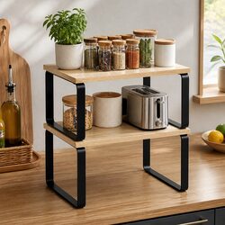 Kitchen Storage Shelves Rack Organiser Set of 2 Pine Wood Metal Cabinet