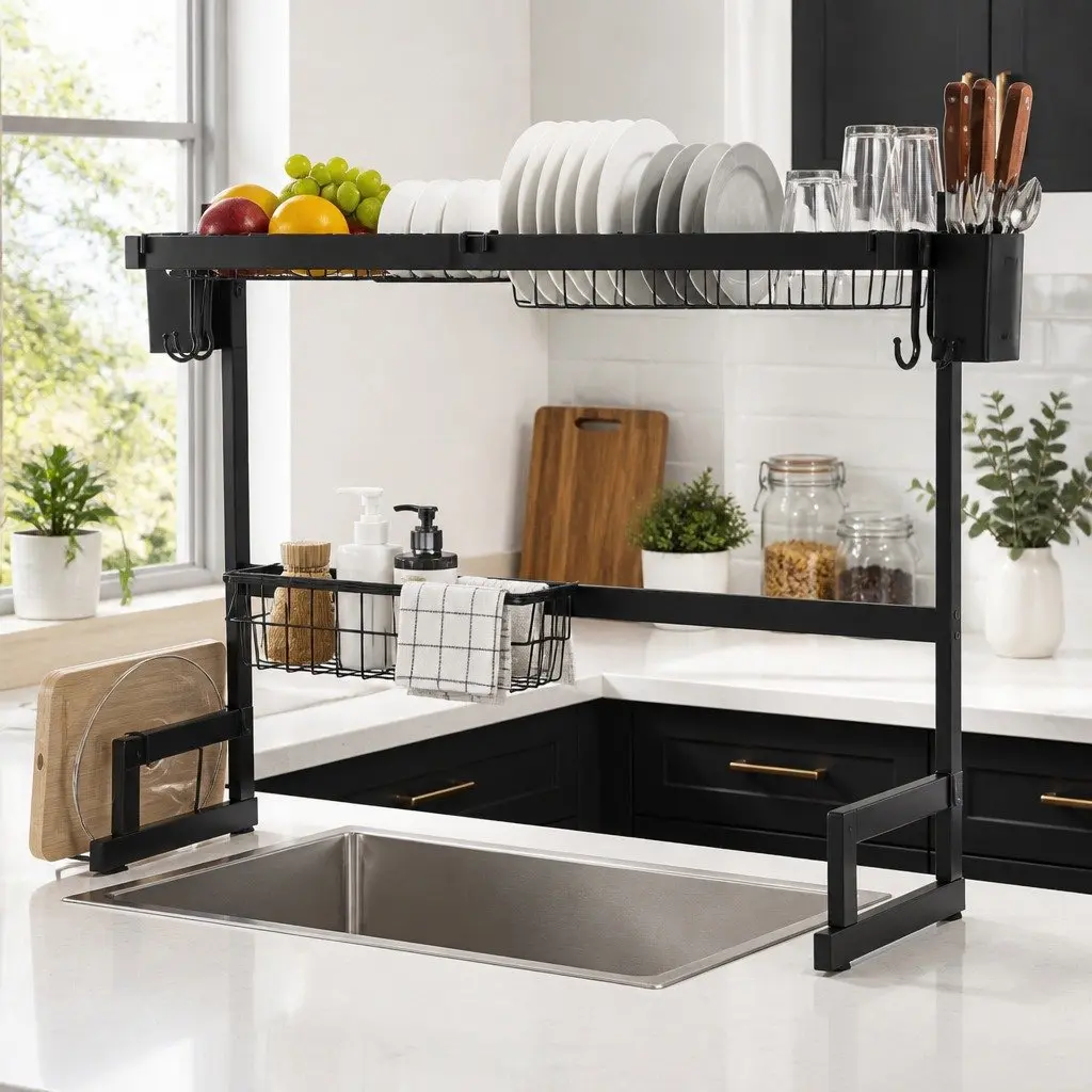 Dish Drying Rack 2 Tier Over Sink Kitchen Organiser Storage Drainer Black