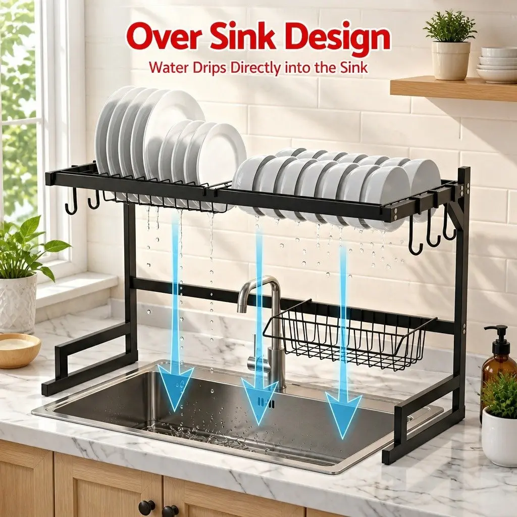 Dish Drying Rack 2 Tier Over Sink Kitchen Organiser Storage Drainer Black