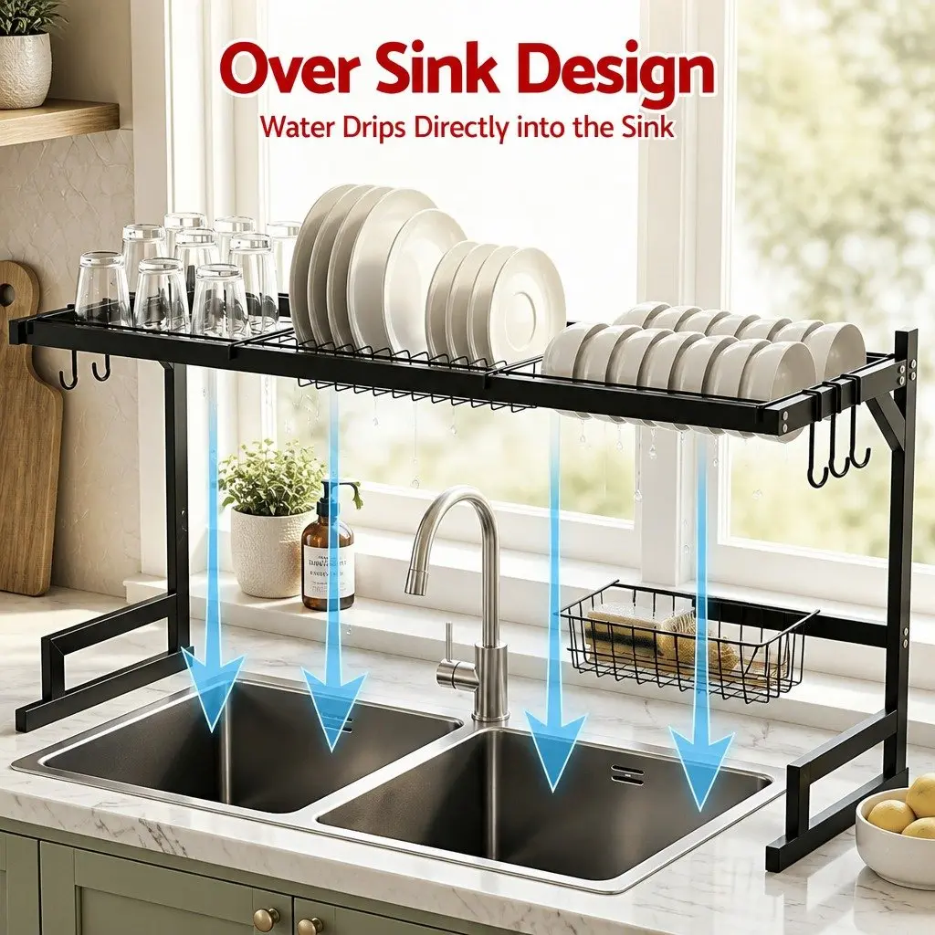 Dish Drying Rack 2 Tier Over Sink Kitchen Organiser Black