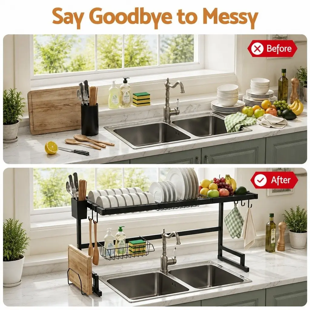 Dish Drying Rack 2 Tier Over Sink Kitchen Organiser Black