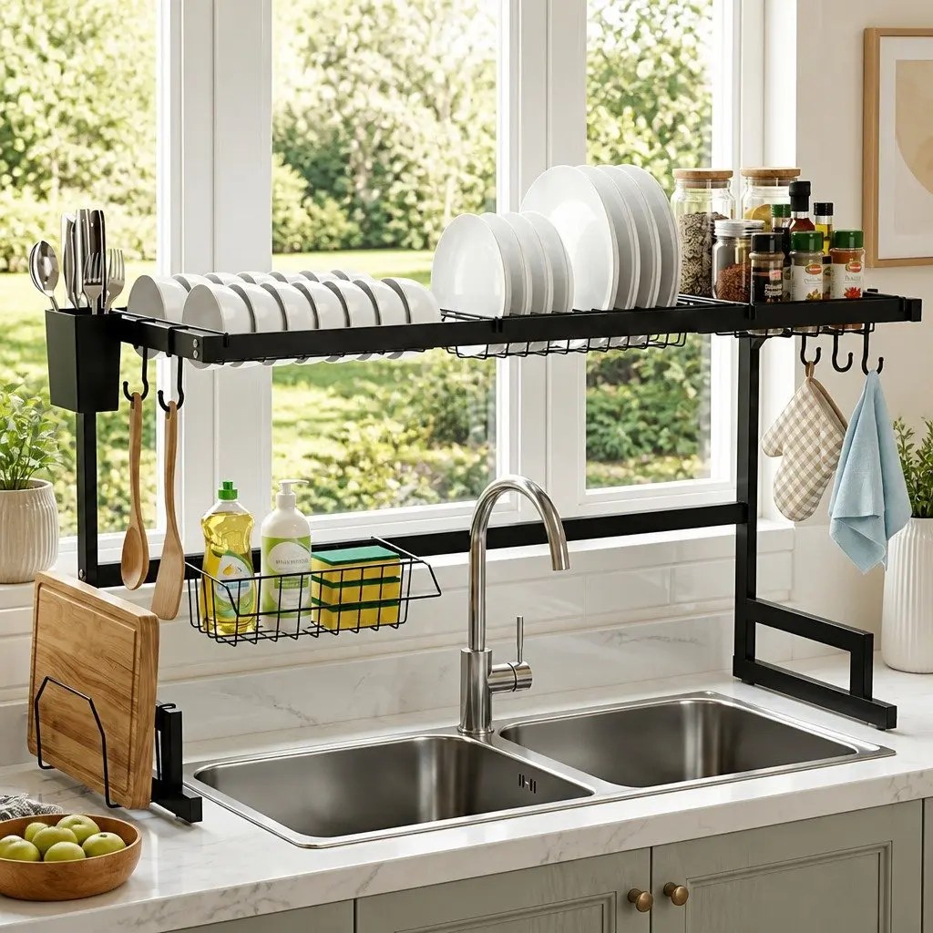 Dish Drying Rack 2 Tier Over Sink Kitchen Organiser Black
