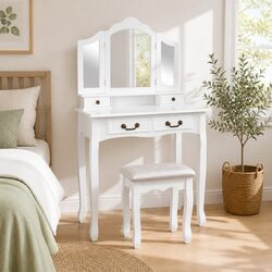 Friendly White Dressing Table Set with Mirror and Stool