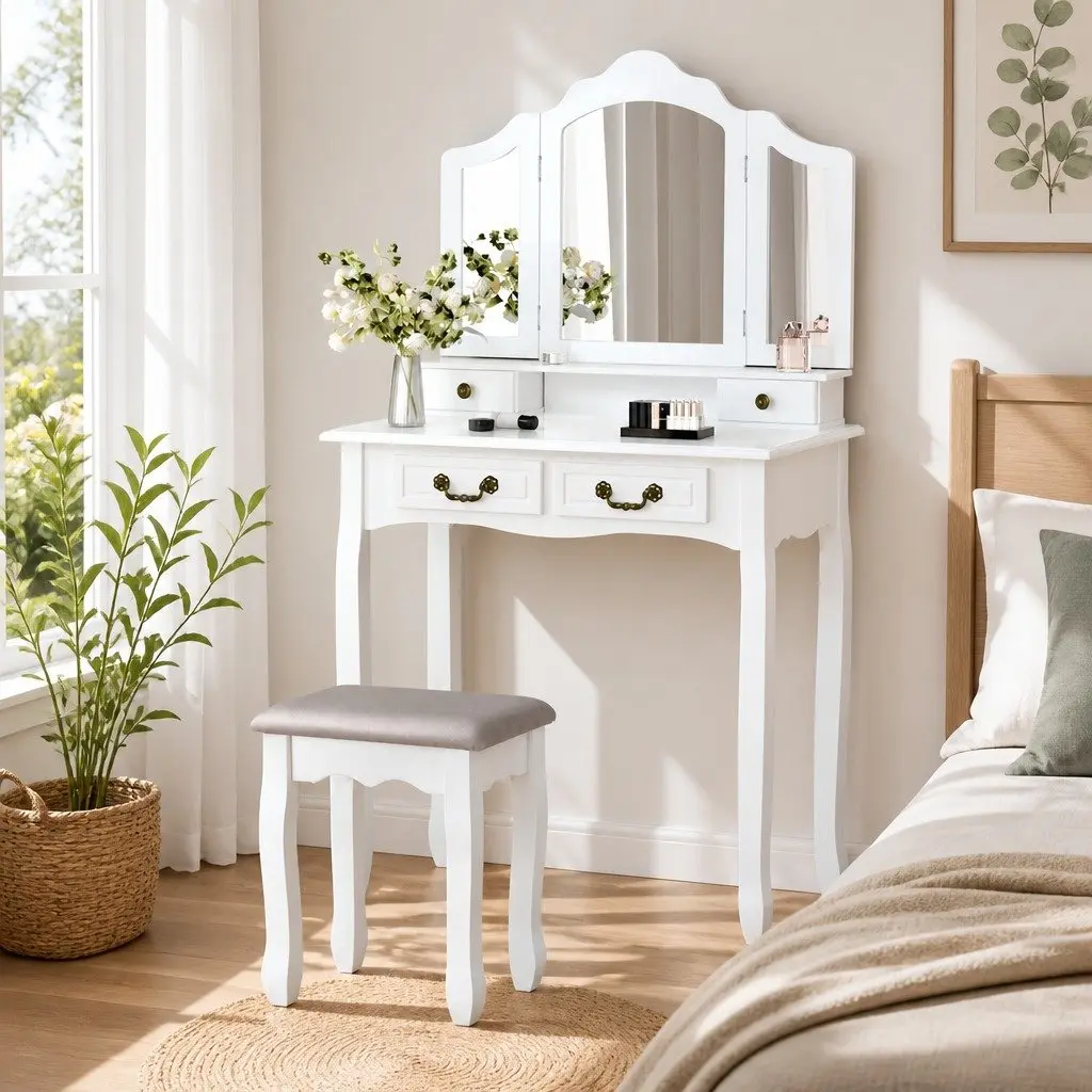 Dressing Table Stool Set Foldable Mirror Bedroom Vanity Storage Drawers White