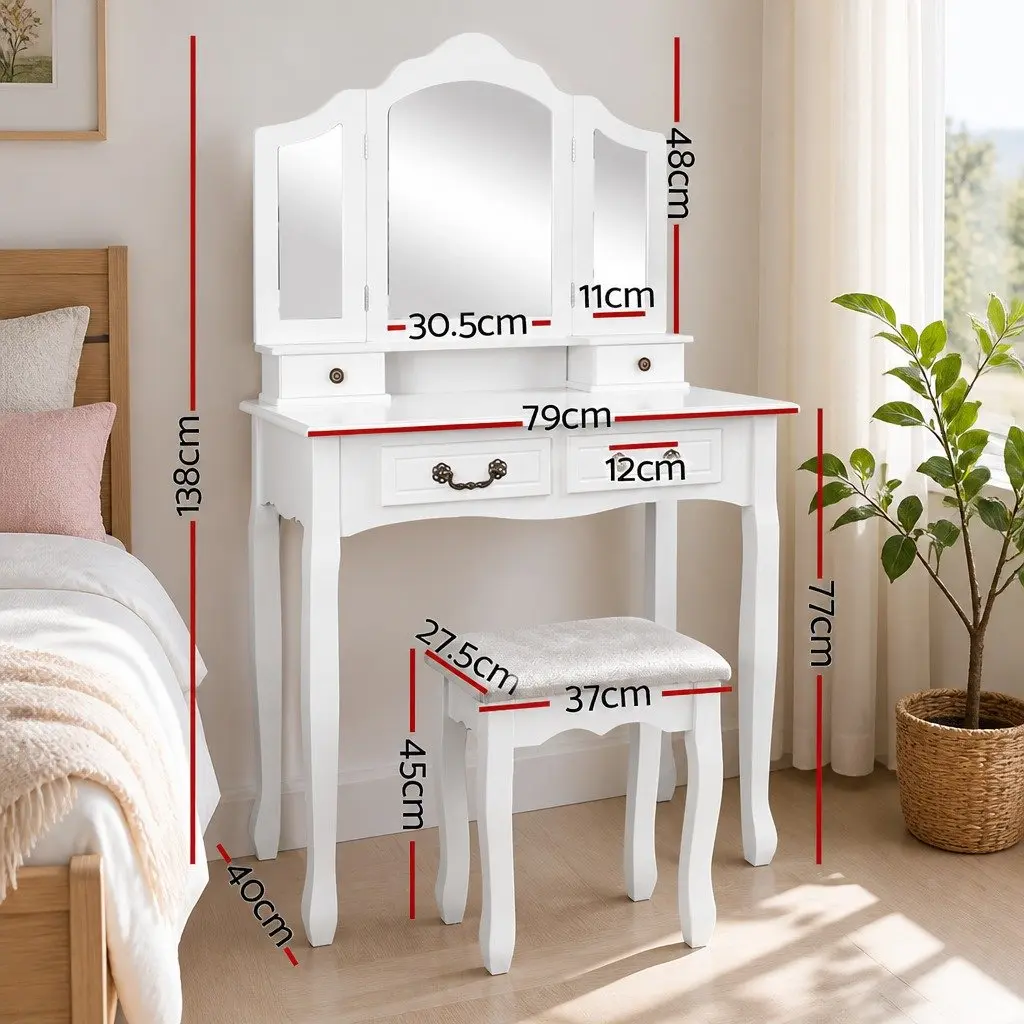 Dressing Table Stool Set Foldable Mirror Bedroom Vanity Storage Drawers White