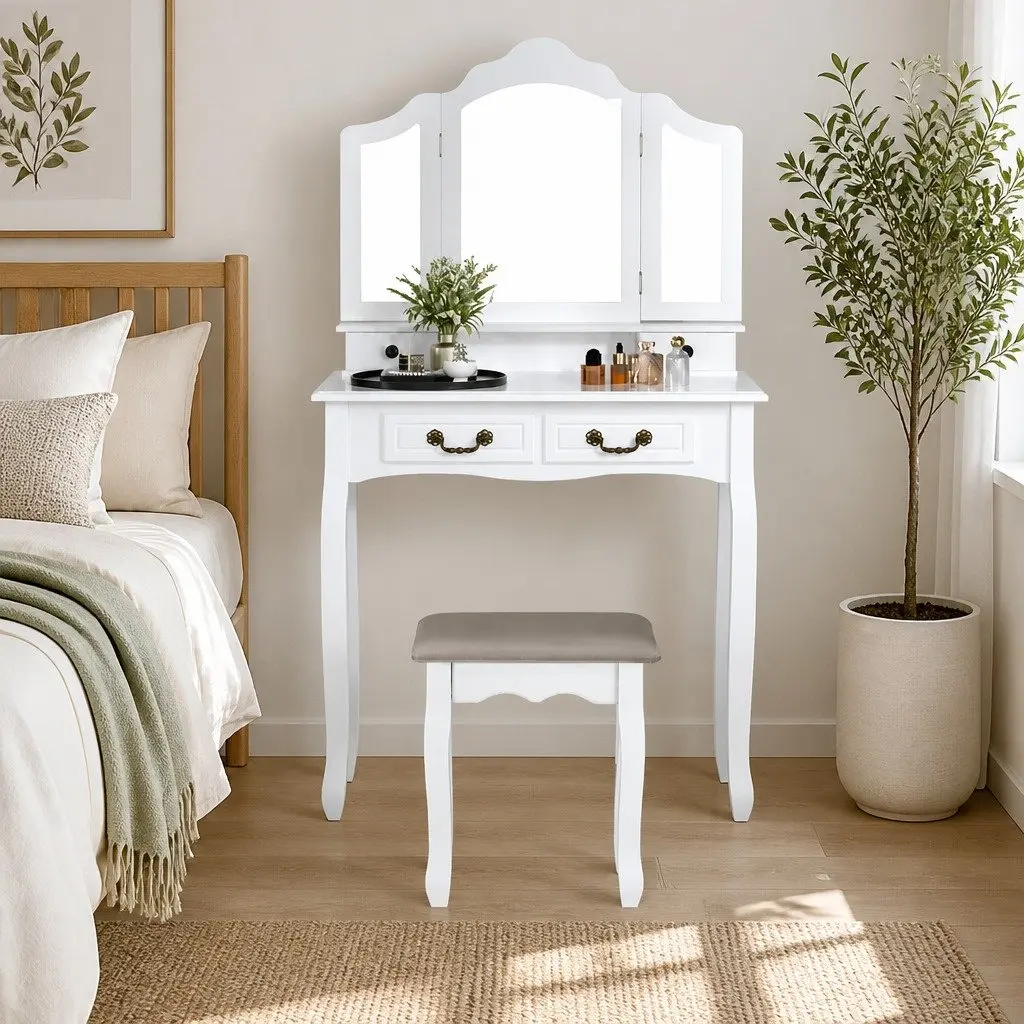 Dressing Table Stool Set Foldable Mirror Bedroom Vanity Storage Drawers White