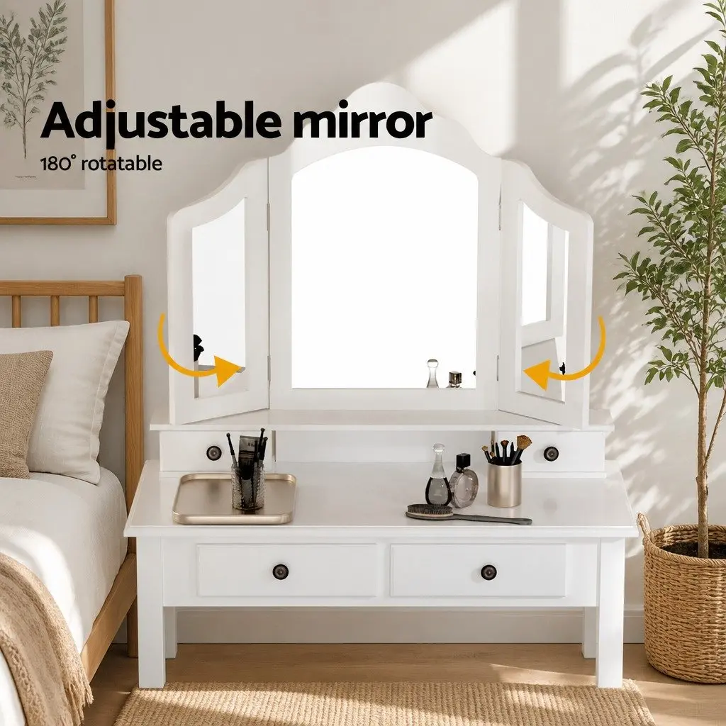 Dressing Table Stool Set Foldable Mirror Bedroom Vanity Storage Drawers White