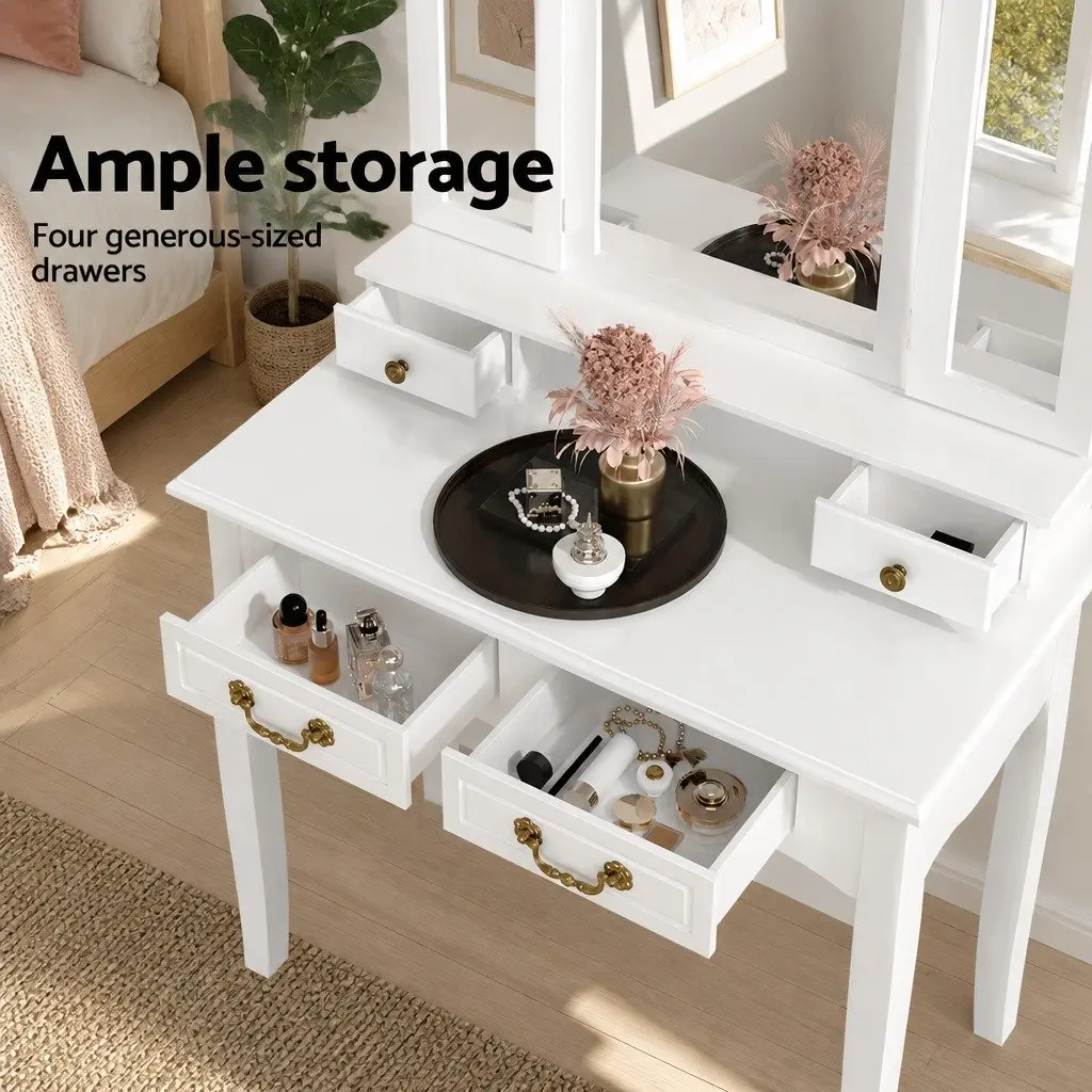 Dressing Table Stool Set Foldable Mirror Bedroom Vanity Storage Drawers White