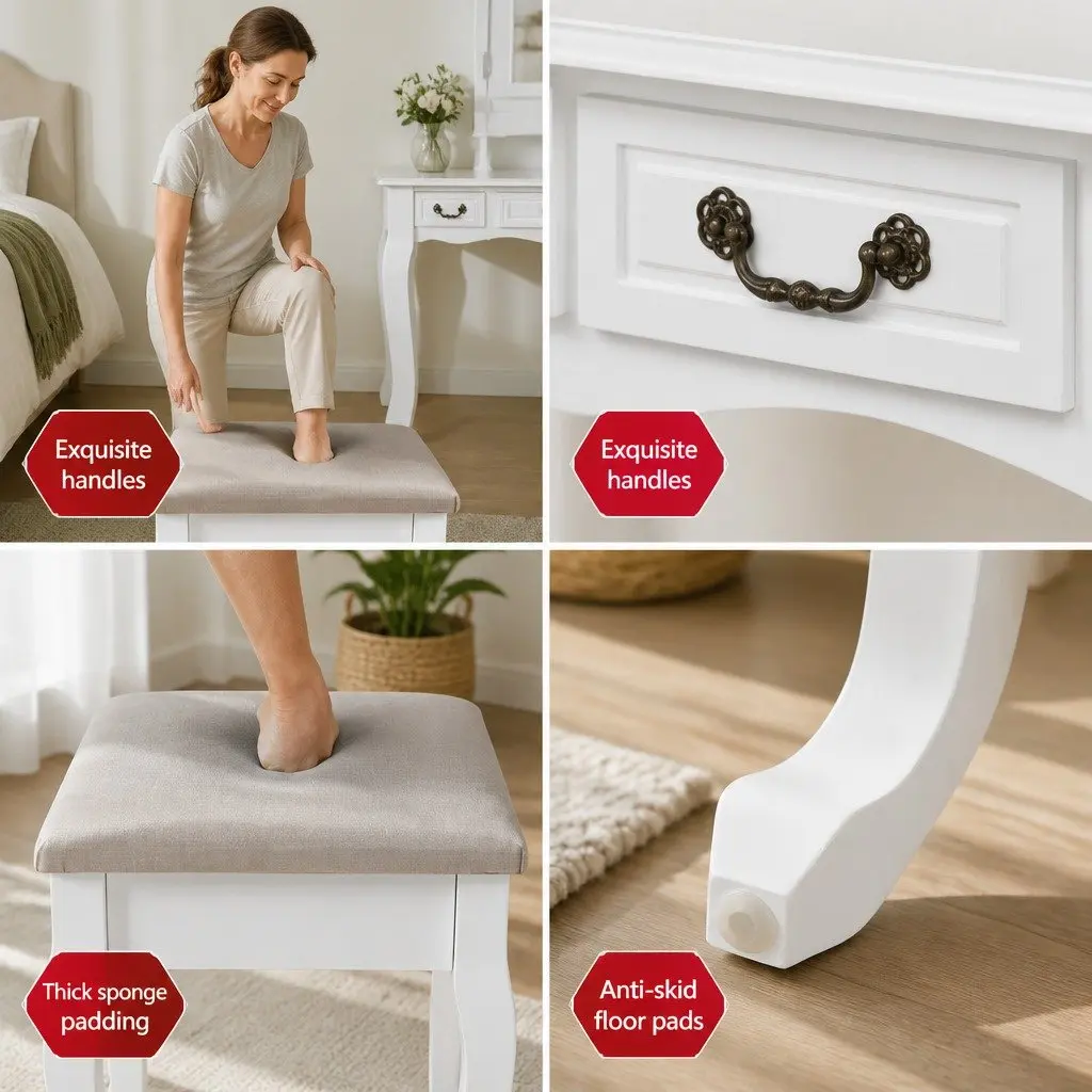 Dressing Table Stool Set Foldable Mirror Bedroom Vanity Storage Drawers White