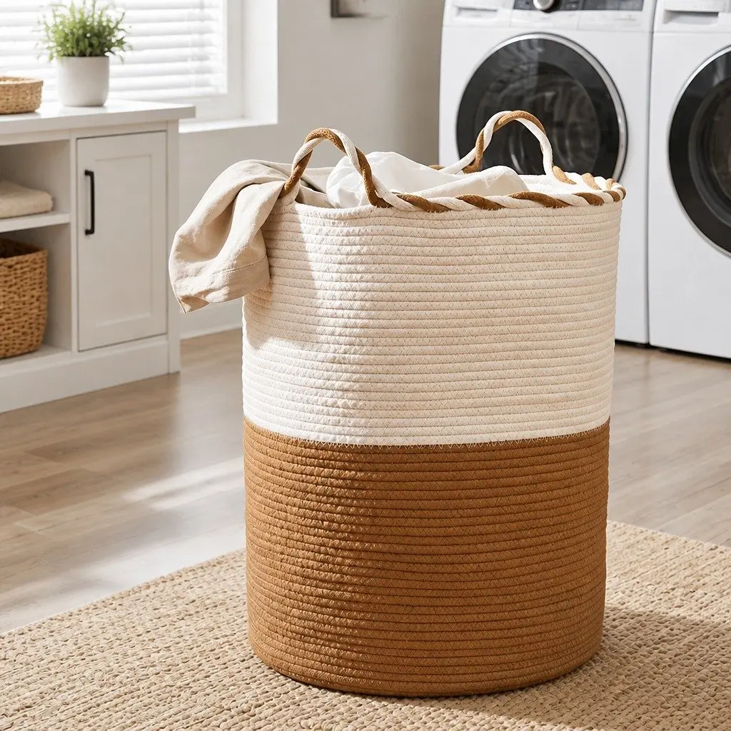 Woven Laundry Basket Foldable Cotton Rope 47L