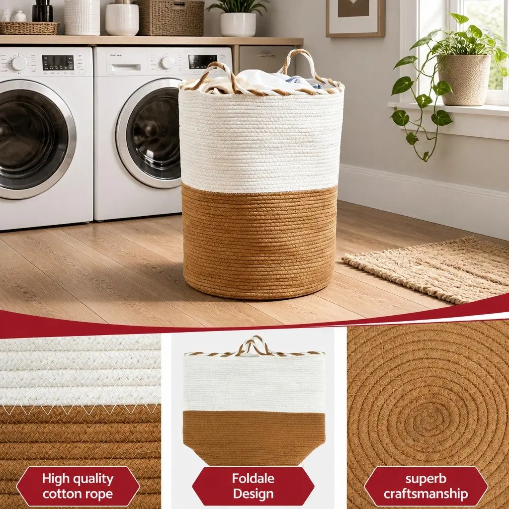 Woven Laundry Basket Foldable Cotton Rope 47L