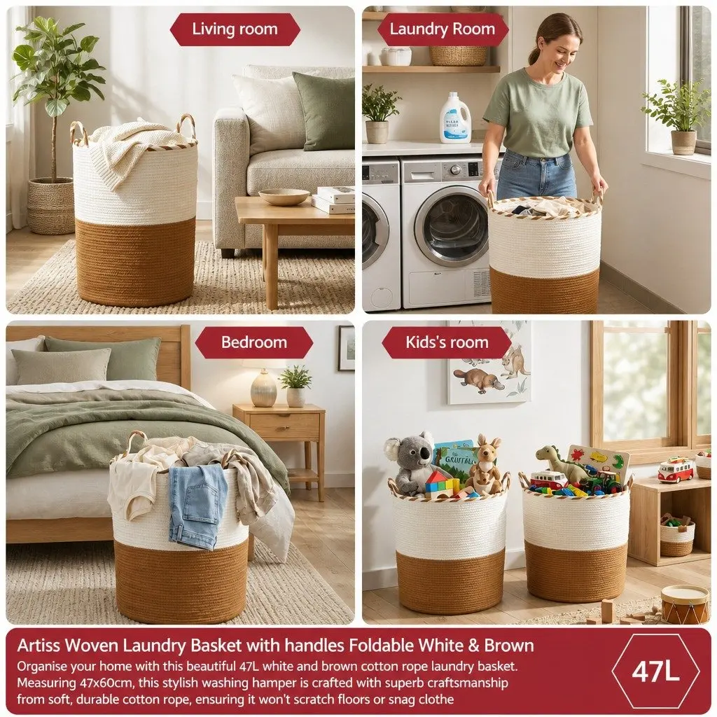 Woven Laundry Basket Foldable Cotton Rope 47L