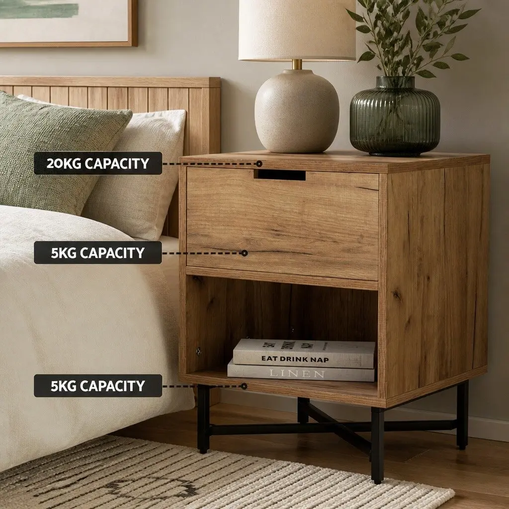 Bedside Table with Drawers Side Table Shelf Storage Nightstand Rustic Oak