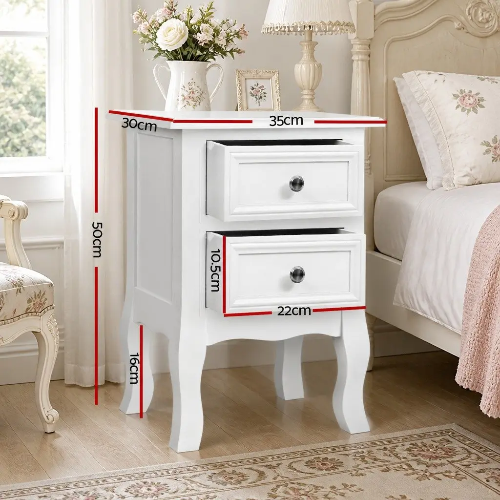 Bedside Table 2 Drawers White Curved Legs French Provincial Bedroom Storage