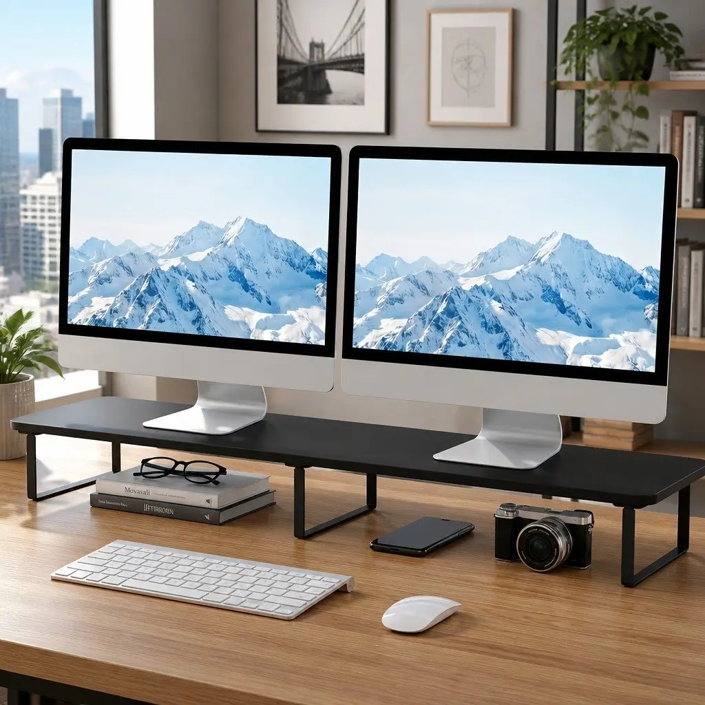 Dual Monitor Stand 100cm Wide Riser Desk Organiser Laptop Computer Display