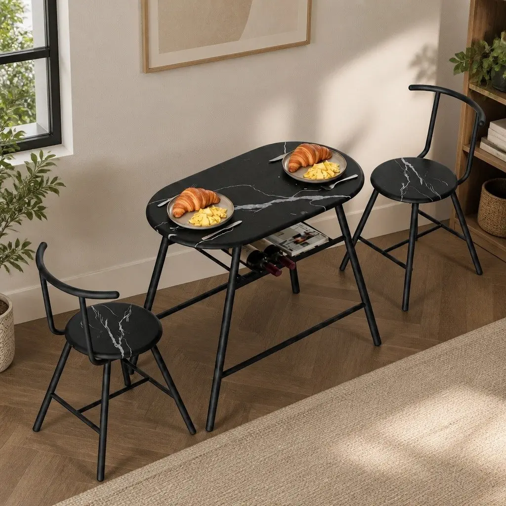 Dining Table Set 3PC Bistro Kitchen Storage Wine Rack Black Marble Oval Compact