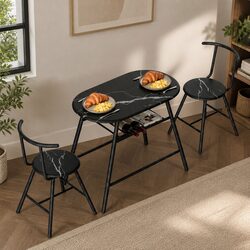 Dining Table Set 3PC Bistro Kitchen Storage Wine Rack Black Marble Oval Compact