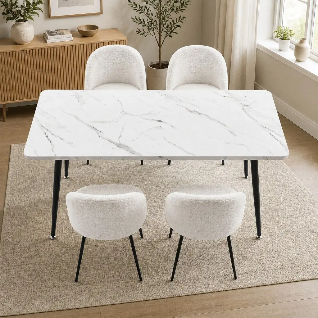Dining Table and 4 Chairs Set White Marble Effect Kitchen Furniture Easy