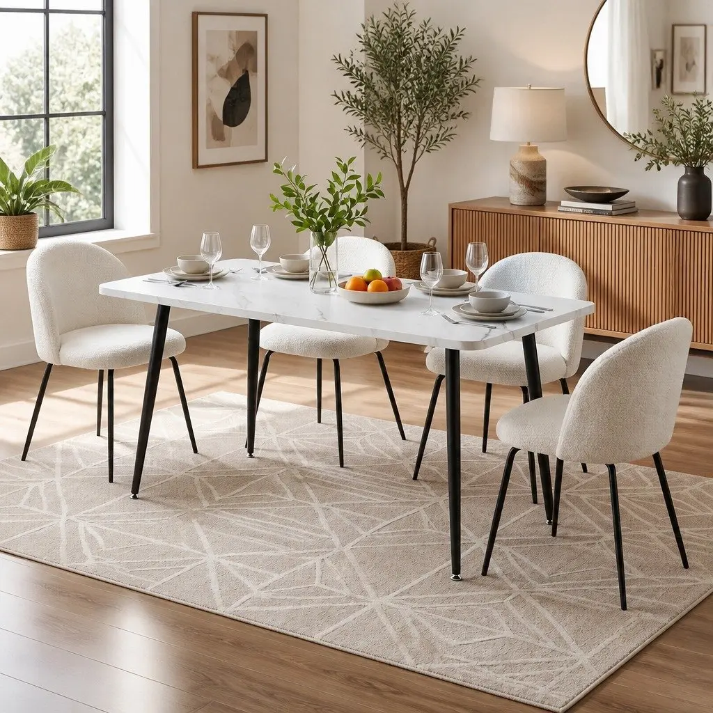 Dining Table and 4 Chairs Set White Marble Effect Kitchen Furniture Easy