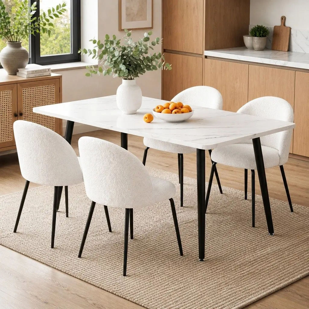 Dining Table and 4 Chairs Set White Marble Effect Kitchen Furniture Easy