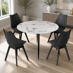 Dining Table and 4 Chairs Set Round Marble Industrial Style Modern