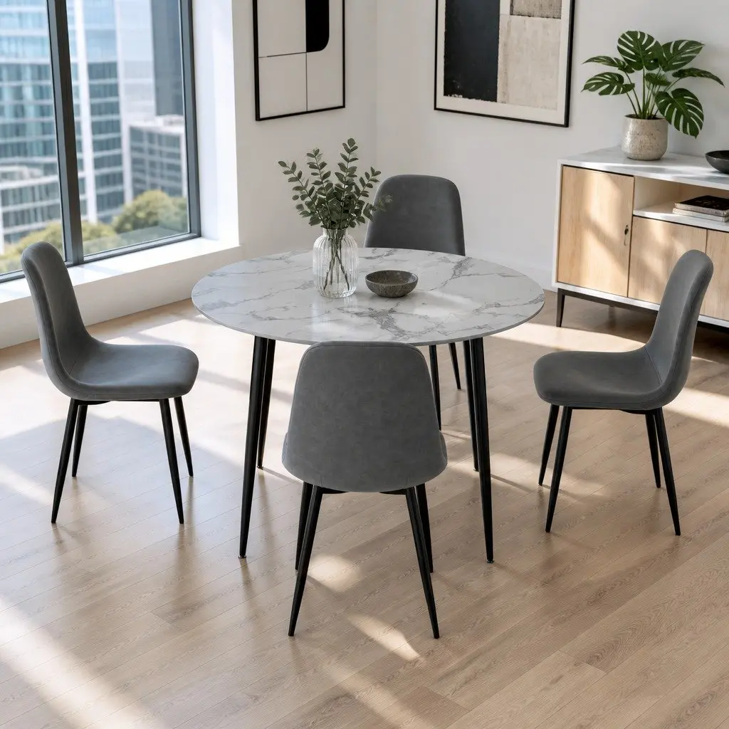 Dining Set Round Marble Grey Industrial Modern Table with 4 Chairs