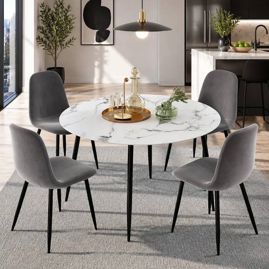Dining Set Round Marble Grey Industrial Modern Table with 4 Chairs
