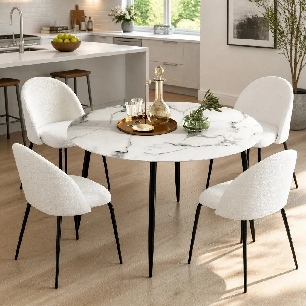 Dining Set Round Marble White Modern 5 Piece