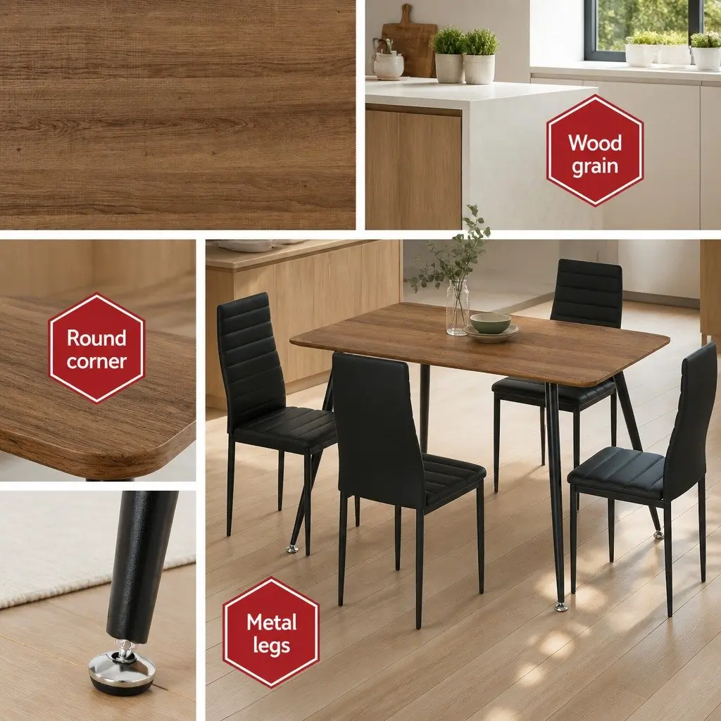 Dining Set Industrial Style Rectangle Table with Metal Legs and 4 Cushioned Chairs