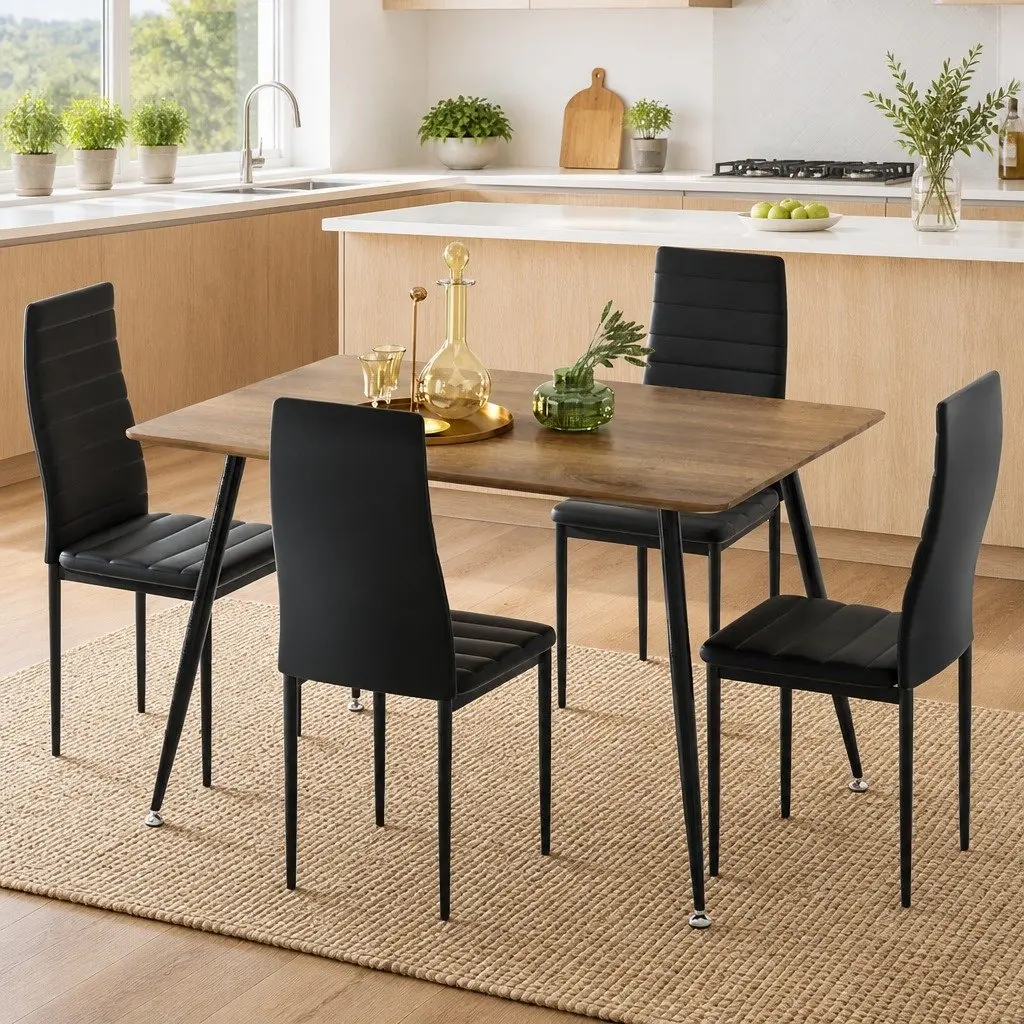 Dining Set Industrial Style Rectangle Table with Metal Legs and 4 Cushioned Chairs