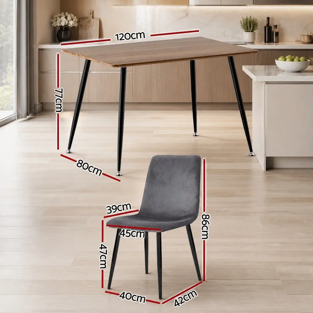 Dining Set Industrial Style Grey Velvet Chairs 120cm x 80cm