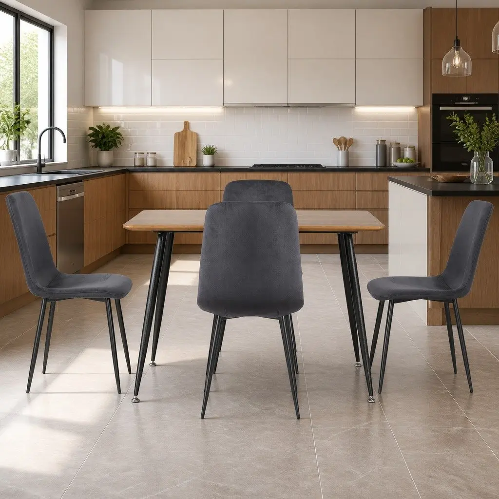 Dining Set Industrial Style Grey Velvet Chairs 120cm x 80cm