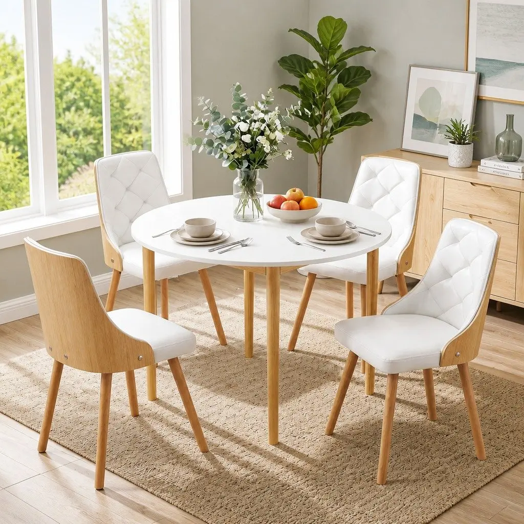 Dining Table and Chairs Set 5PCS Round 4 Seater White PU Leather Modern Kitchen