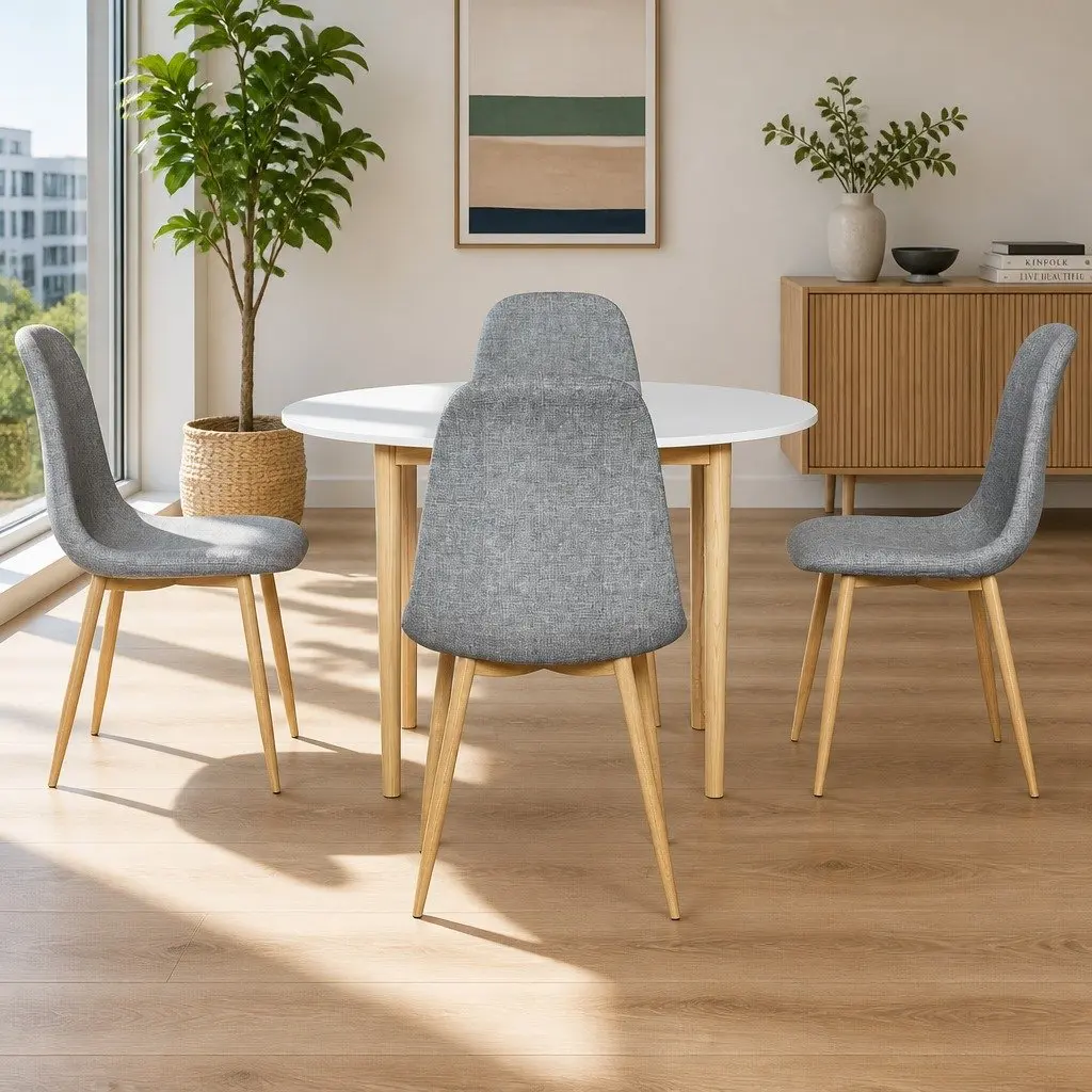 Round Dining Table and 4 Chairs Set White Grey Kitchen Cafe Dining Room 5 Piece