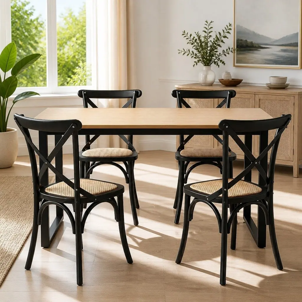 Dining Table and Chairs Set Industrial Rattan 5 Piece 4 Seater Kitchen Dining Room