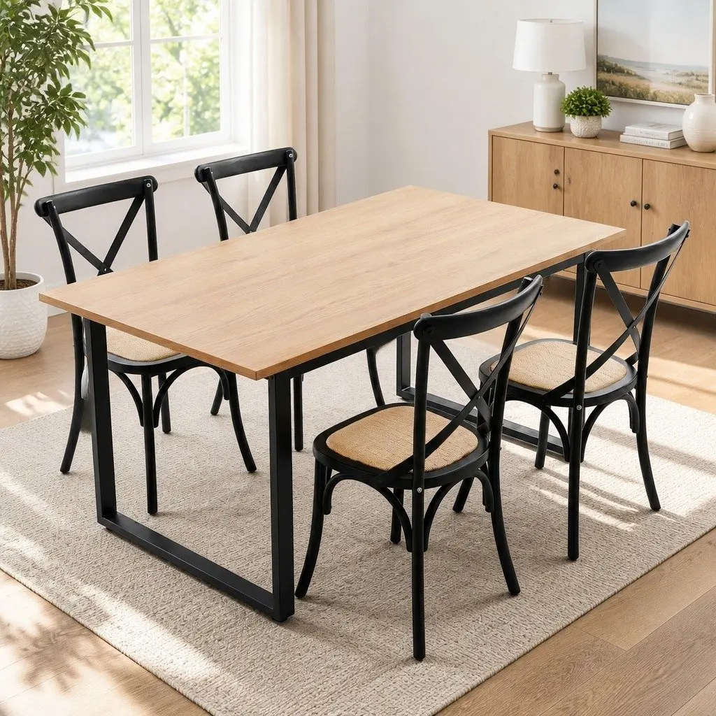 Dining Table and Chairs Set Industrial Rattan 5 Piece 4 Seater Kitchen Dining Room