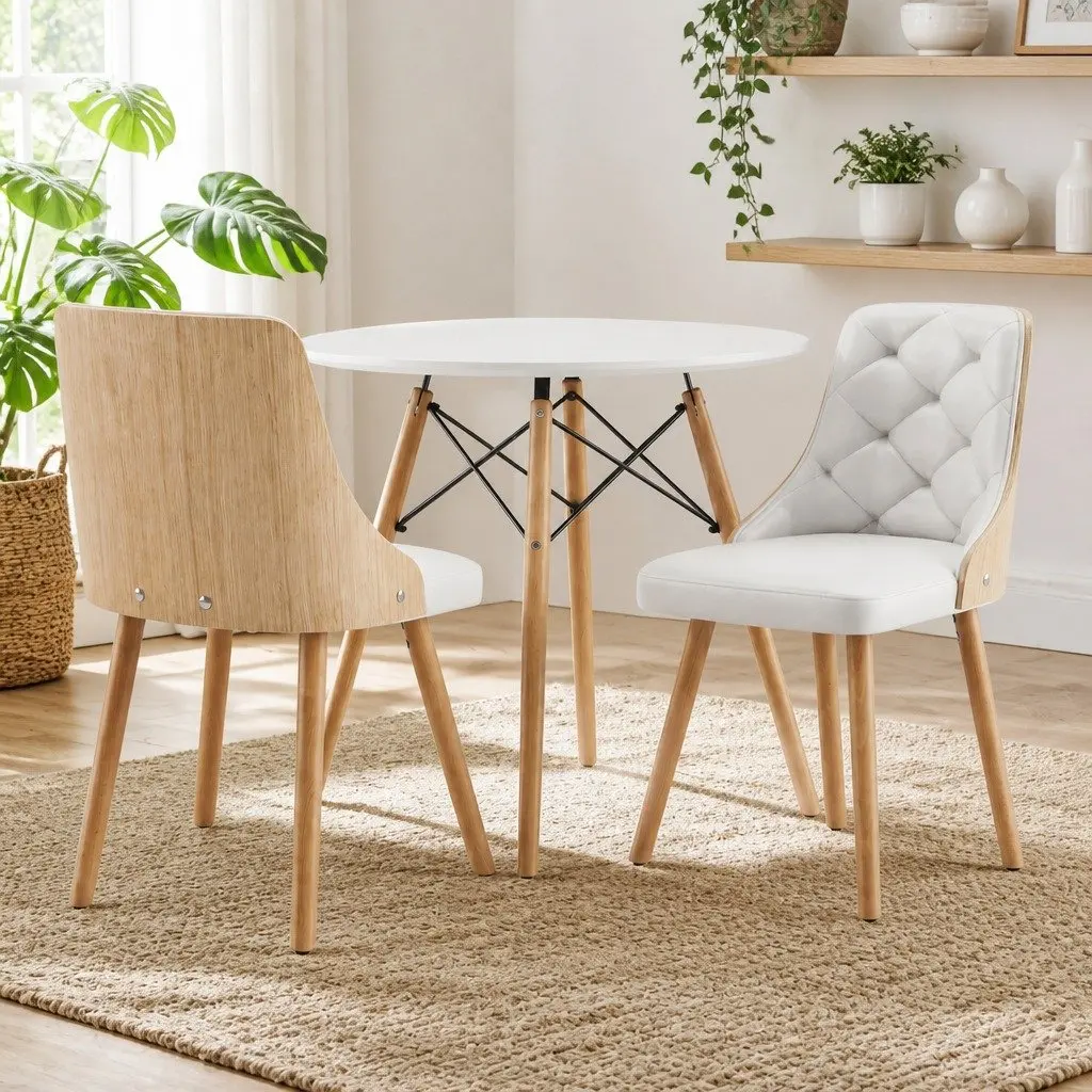 Dining Set Compact 3 Piece 90cm Round Table and 2 Chairs White