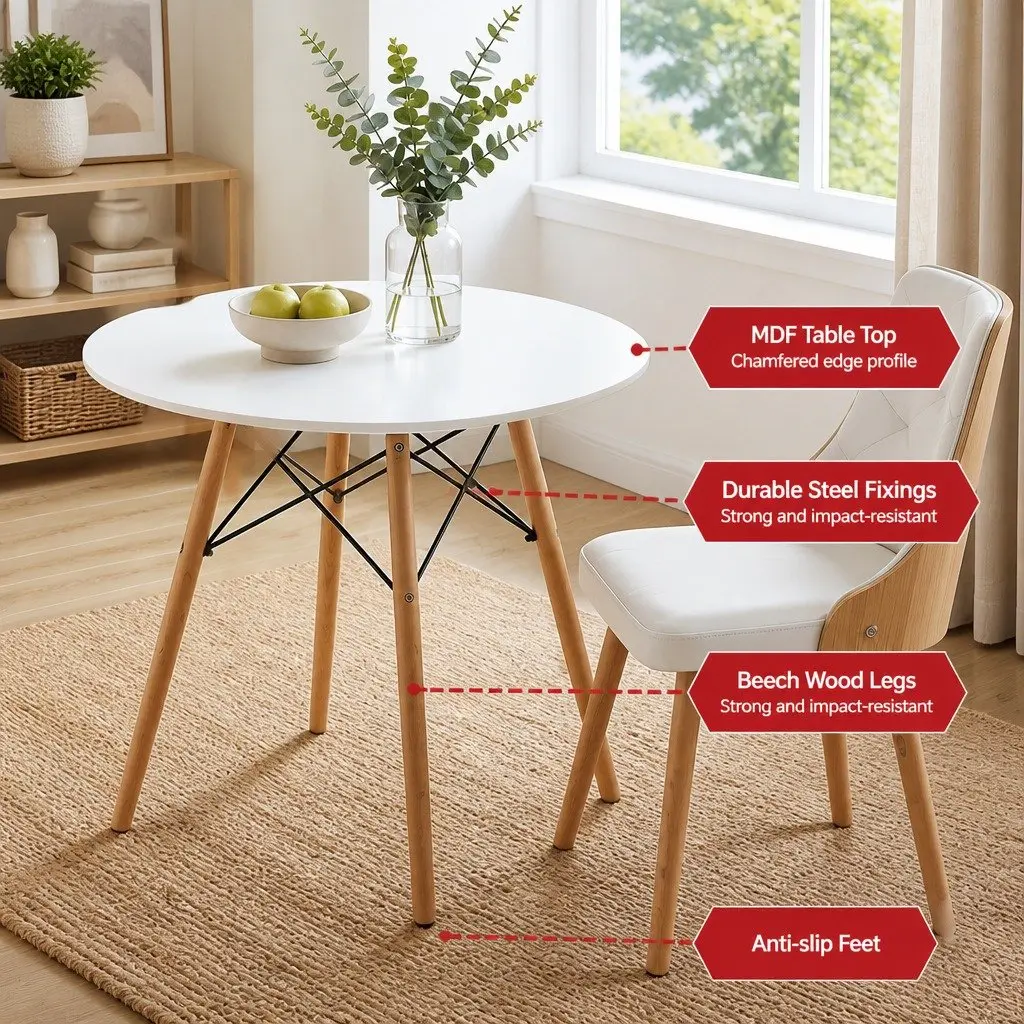 Dining Set Compact 3 Piece 90cm Round Table and 2 Chairs White