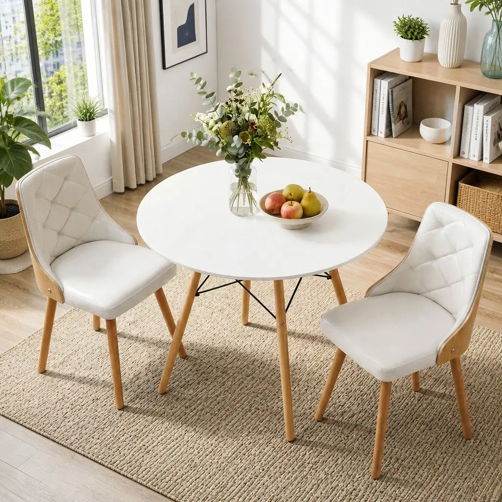 Dining Set Compact 3 Piece 90cm Round Table and 2 Chairs White