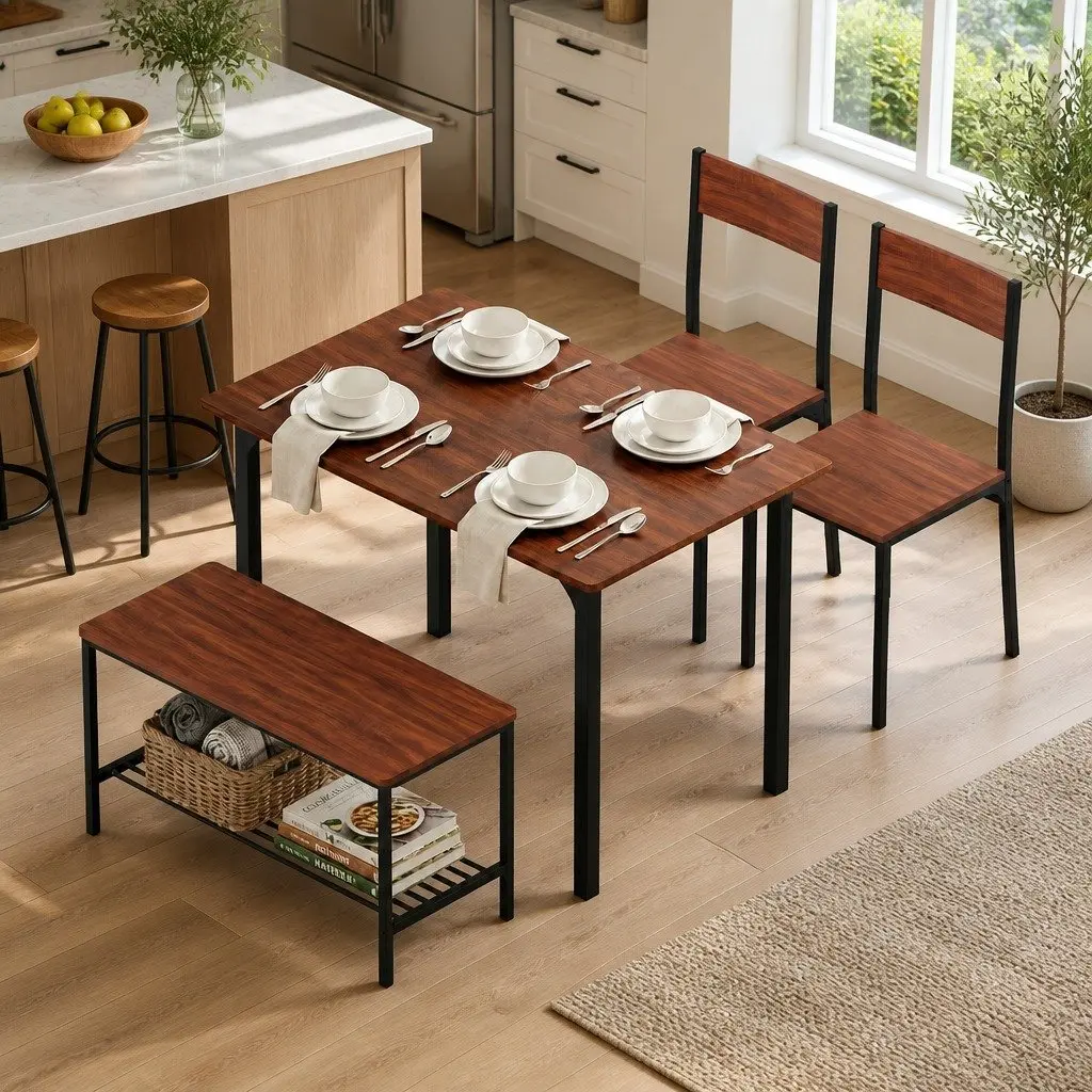 Dining Table and Chairs Set with Storage Bench Kitchen Furniture Brown Walnut