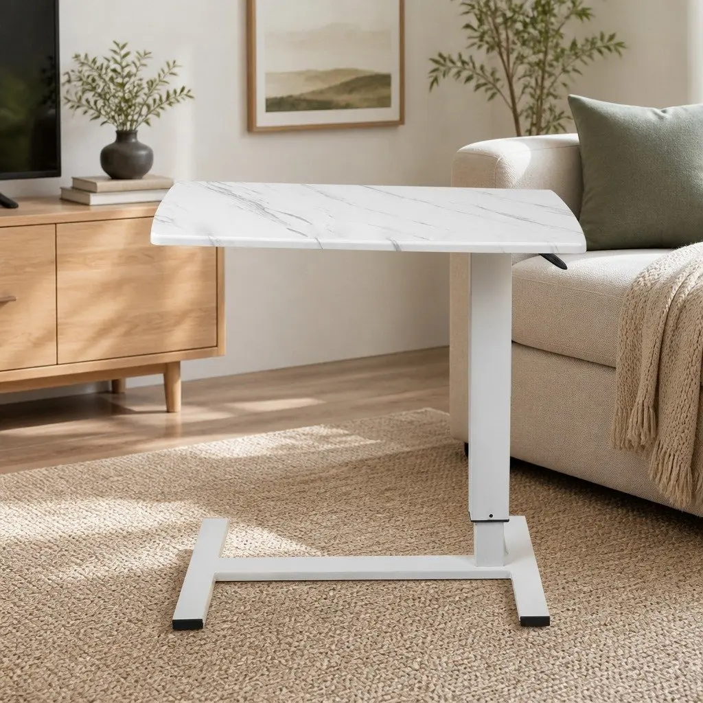 Height Adjustable Sofa Bed Side Table with Wheels 65-93cm Standing Desk White