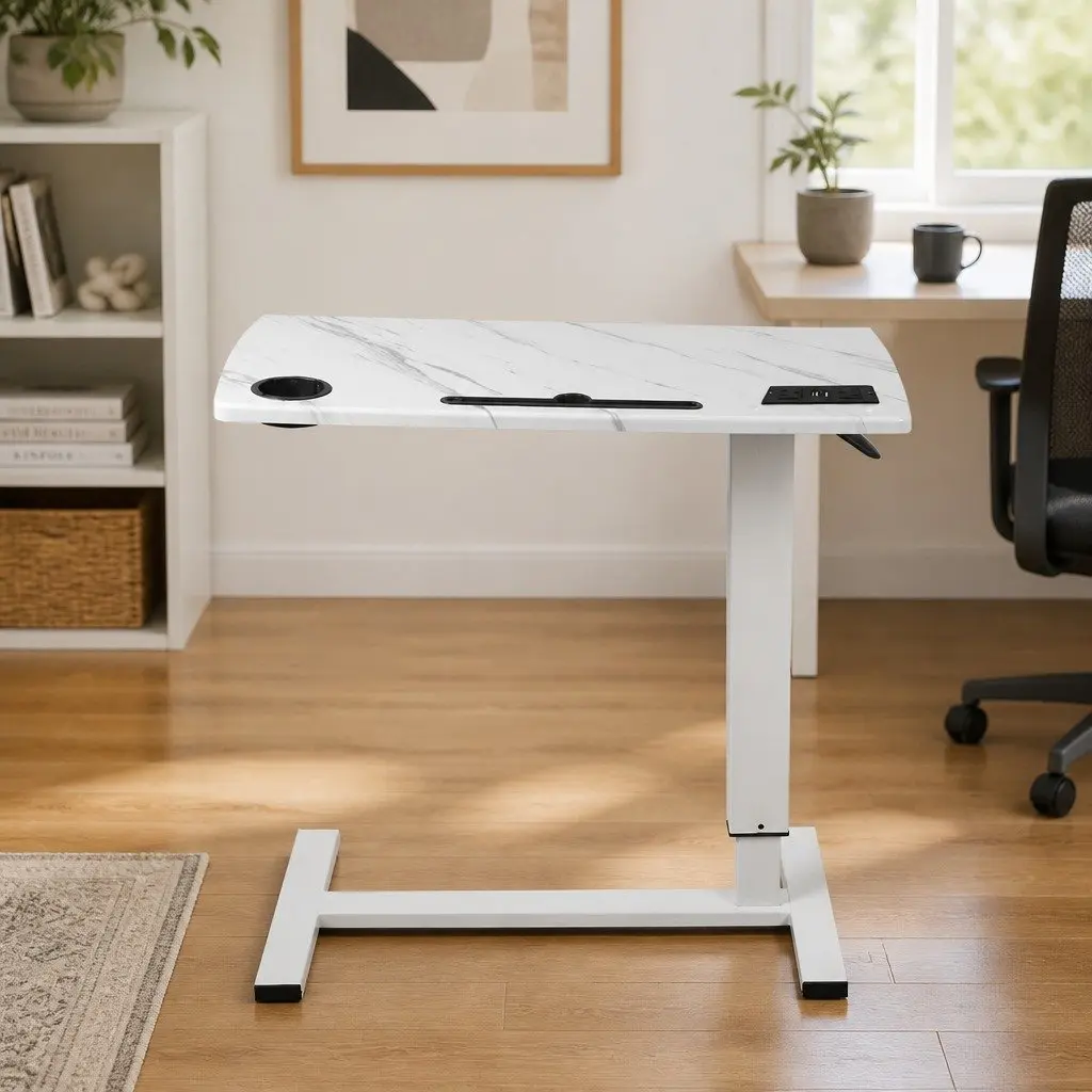 Height Adjustable Standing Desk White 65-93cm Gas Lift Home Office Table with Power Points USB Ports and Tablet Groove