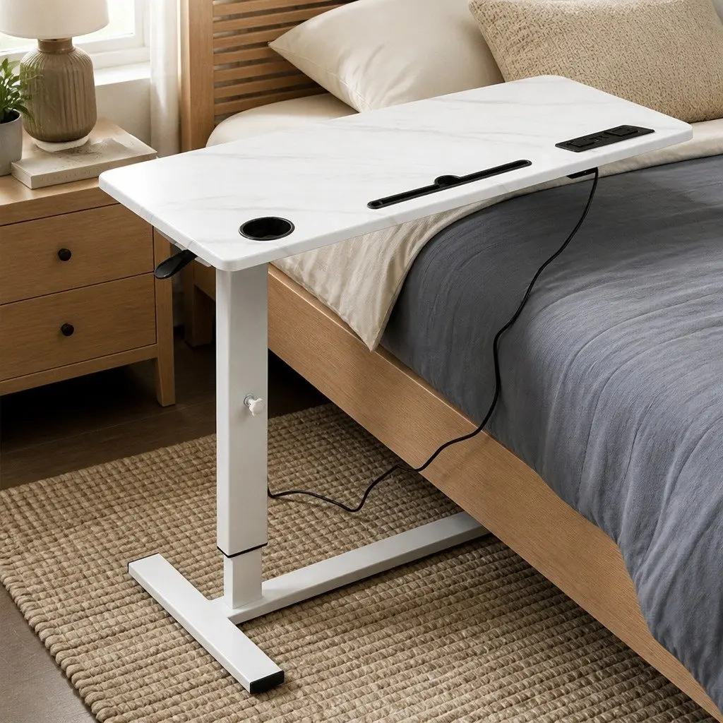 Height Adjustable Standing Desk White 65-93cm Gas Lift Home Office Table with Power Points USB Ports and Tablet Groove