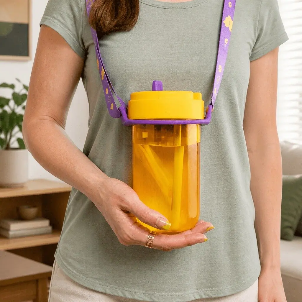 Coffee Cup Carrier Hands-Free Beverage Holder Yellow for Kids and Adults