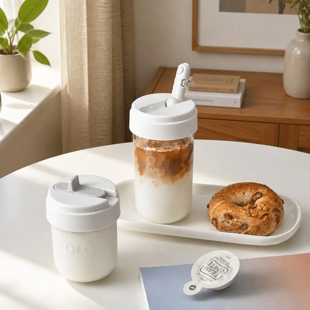 Reusable Coffee Cup with Straw Grey 300ml Heat-Resistant Durable Drinkware