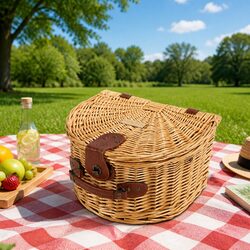 Semi Round Picnic Basket Handmade Outdoor Dining Portable Carry Food Storage
