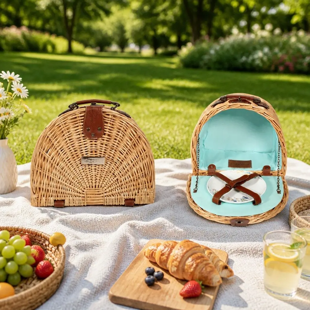 Semi Round Picnic Basket Handmade Outdoor Dining Portable Carry Food Storage