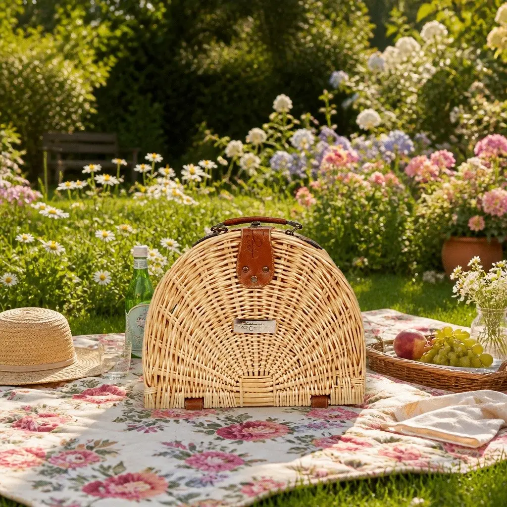 Semi Round Picnic Basket Handmade Outdoor Dining Portable Carry Food Storage