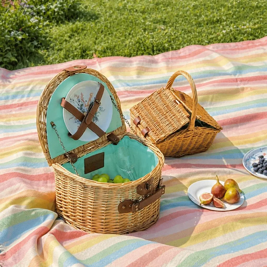 Semi Round Picnic Basket Handmade Outdoor Dining Portable Carry Food Storage